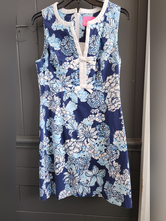Lilly Pulitzer Dresses & Skirts - Lilly Pulitzer Sleeveless Blue Floral Cotton Dress with white trim